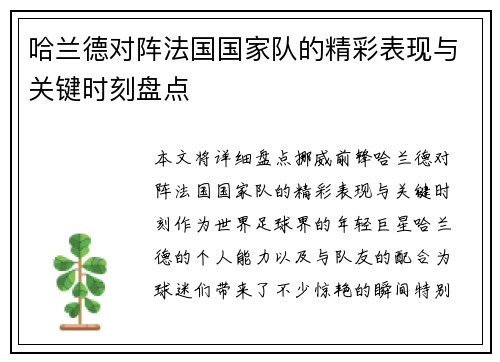 哈兰德对阵法国国家队的精彩表现与关键时刻盘点
